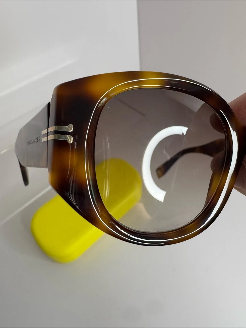 Marc Jacobs Tortoiseshell Brown Oval Sunglasses with Yellow-Trim Case